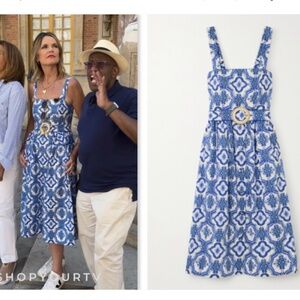 Cara Cara Blue & White Tile-Print Midi Dress with Buckle Belt